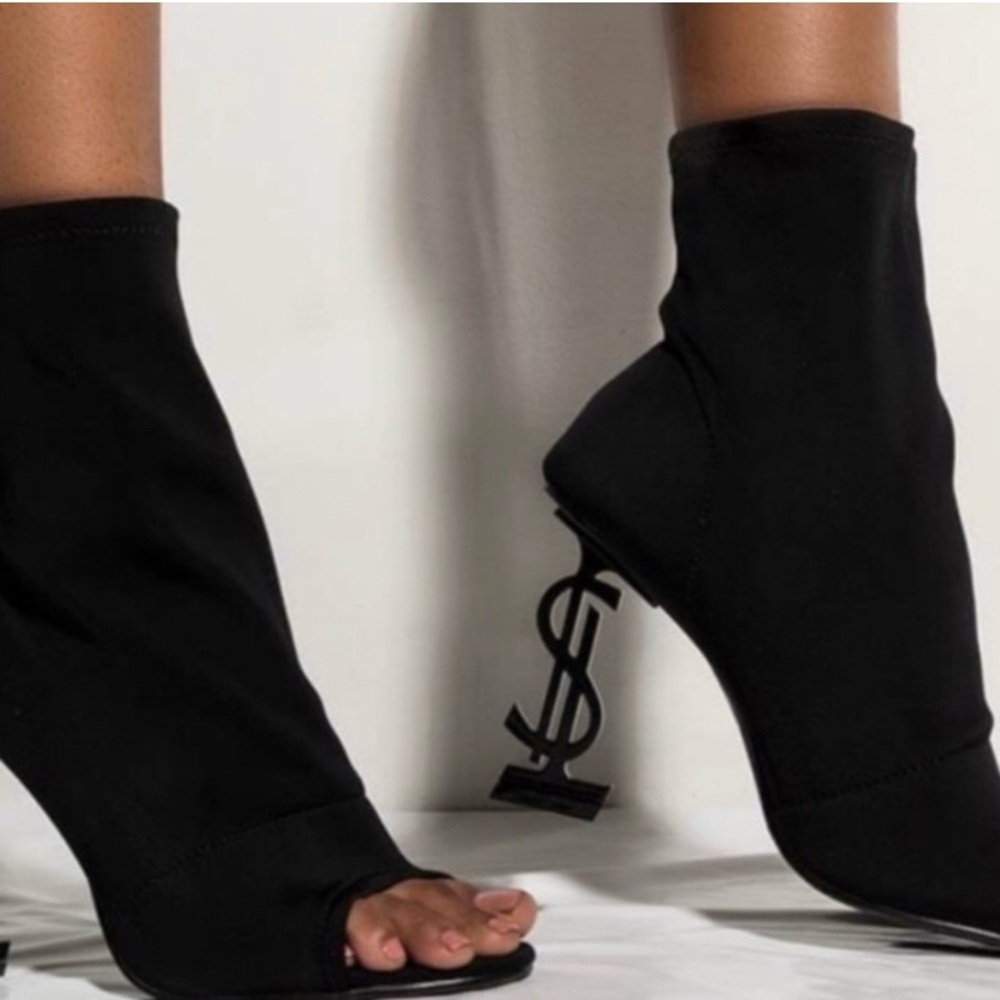 Black Open Toe Sock Boots with Dollar Sign Heels - Picture 7 of 8